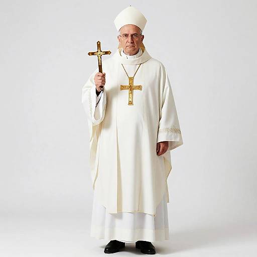 Photograph of a middle-aged male Catholic priest in white cassock and zucchetto, holding a gold cross, standing against a plain white background