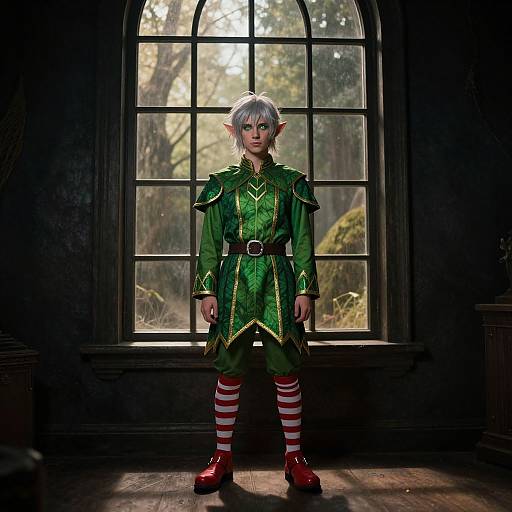 Photograph of a silver-haired elf cosplayer with pointed ears, wearing a green military-style coat, red-striped leggings, red boots, standing in front