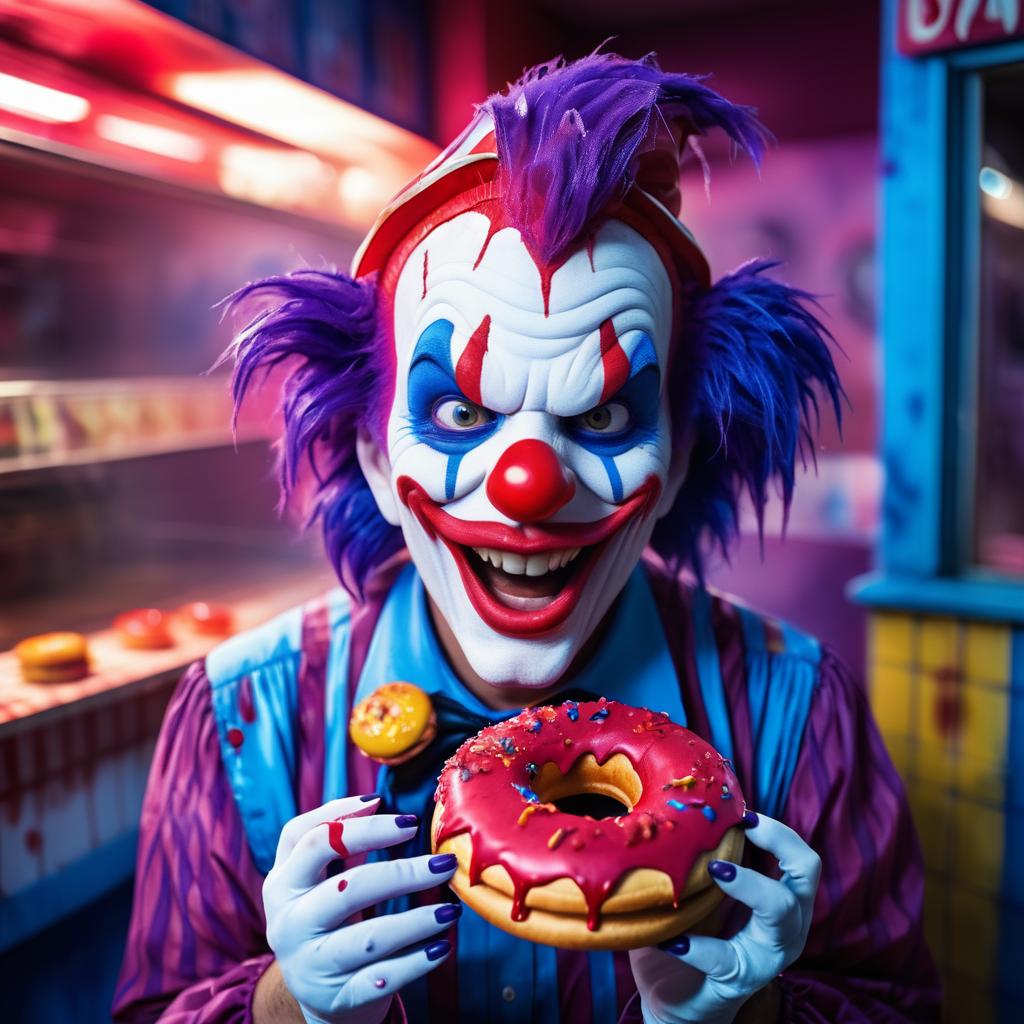 Sinister Clown Haunting a Donut Shop