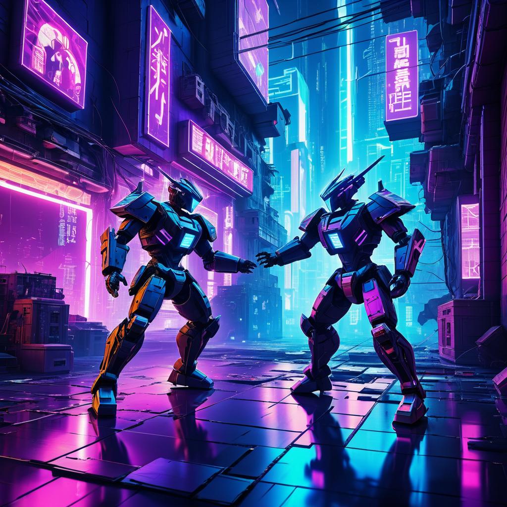 Robotic Duel in a Neon Cyberpunk City