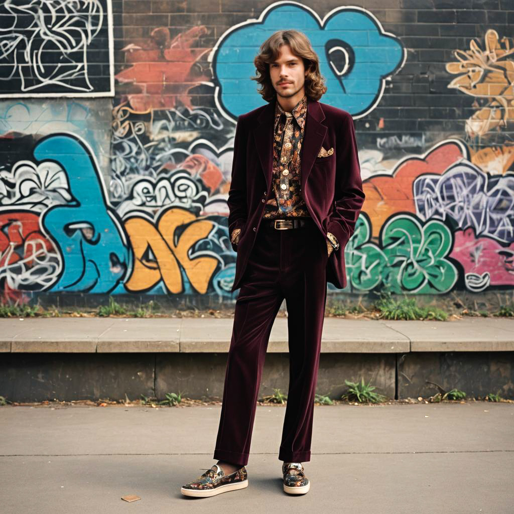 Trendy 70s Skateboarder in Velvet Suit