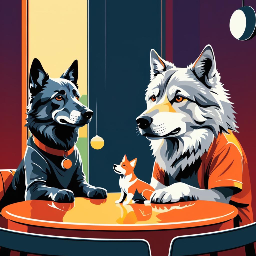 Whimsical Friendship: Wolf, Dog, Cat Art