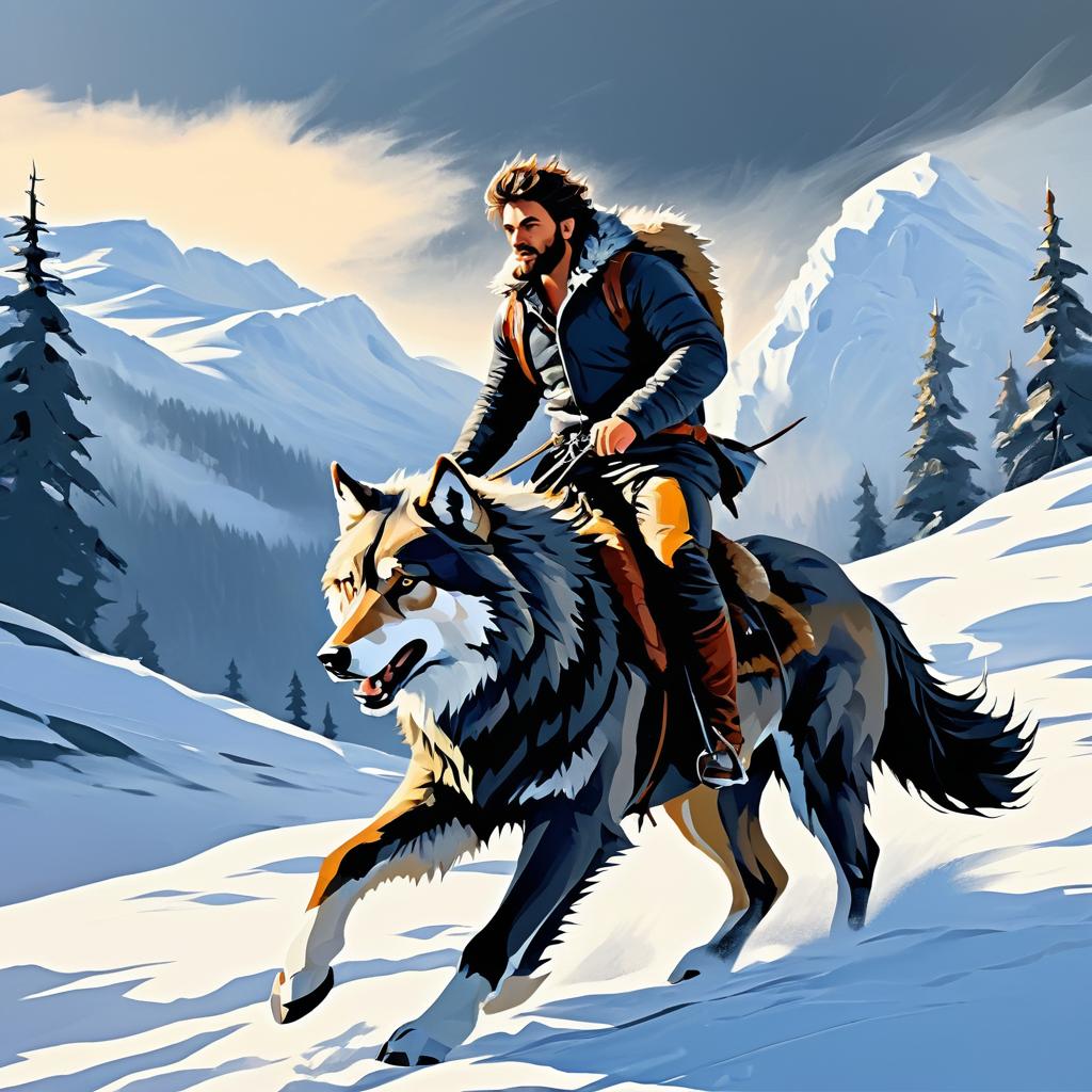 Rugged Hero Riding a Majestic Wolf