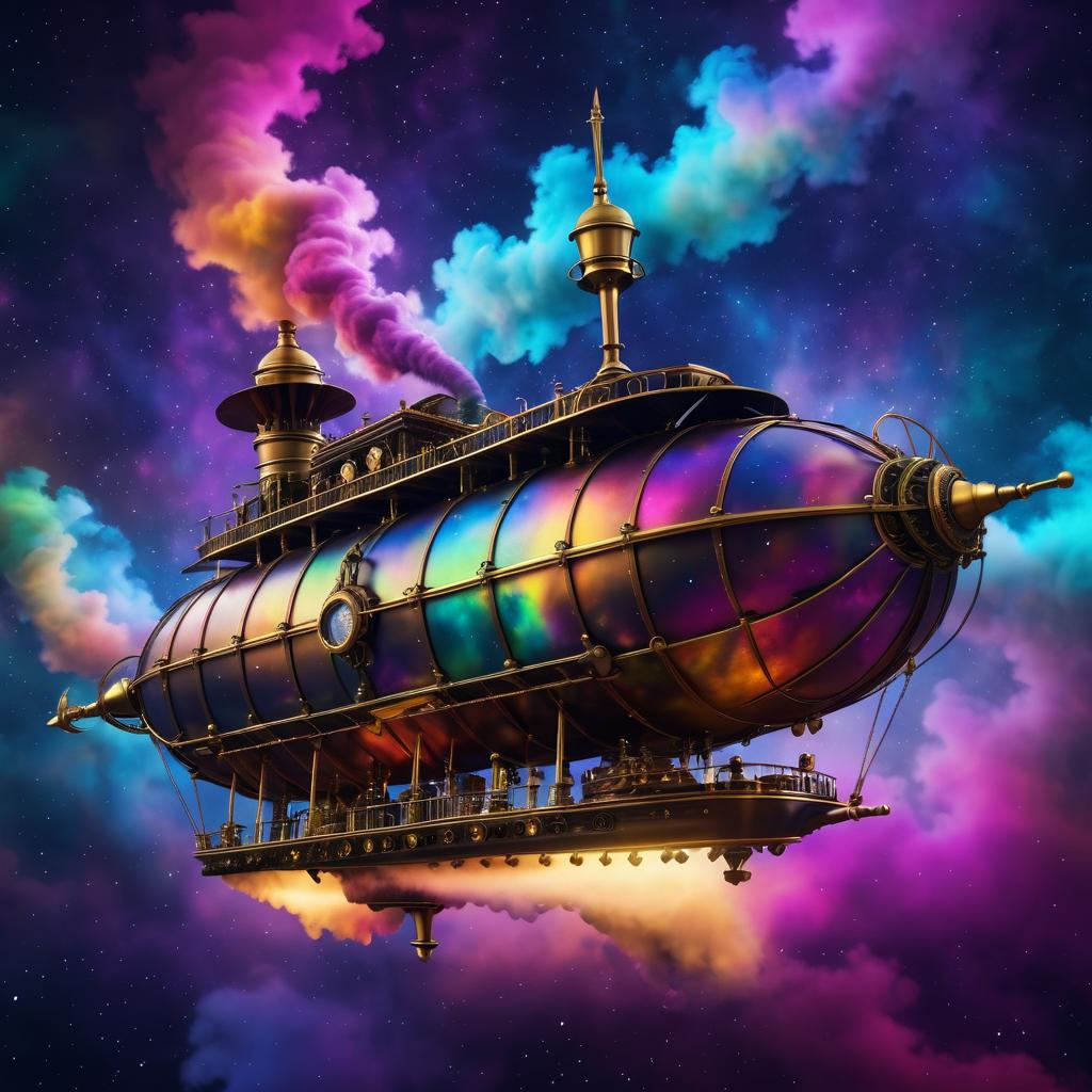 Steampunk Airship in a Colorful Galaxy