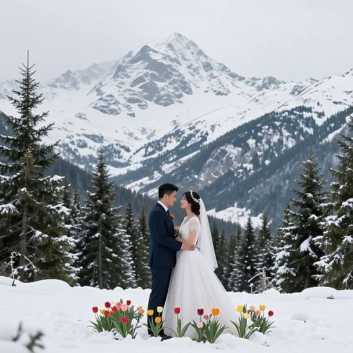 Photograph of a bride in a white dress and groom in a black suit kissing in a snowy forest with colorful tulips and mountainous background.