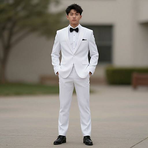 Photograph of a young Asian man with short black hair, wearing a white tuxedo, black bow tie, and black shoes, standing confidently outdoors