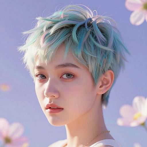 Photograph of a young, fair-skinned person with short, messy blue-green hair, light makeup, and a neutral expression, set against a bright