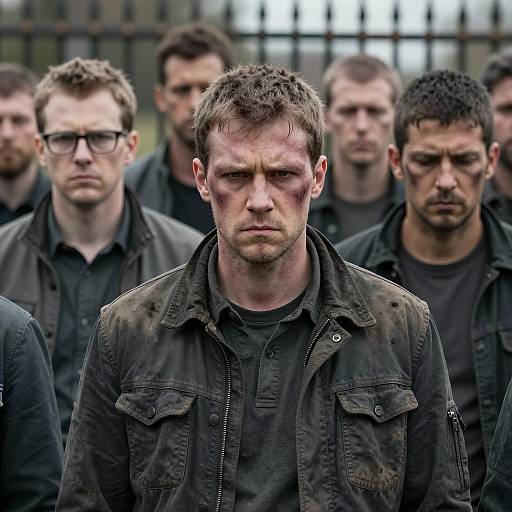 Group of Men with Bruised Faces and Stern Expressions