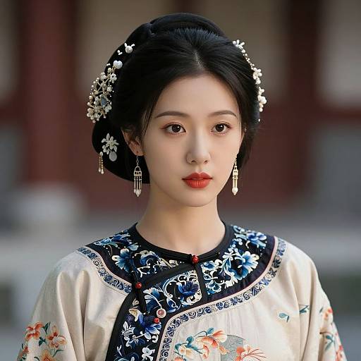 Photograph of an Asian woman with fair skin, black hair in an updo adorned with white flowers, wearing traditional floral embroidered dress, red lipstick,