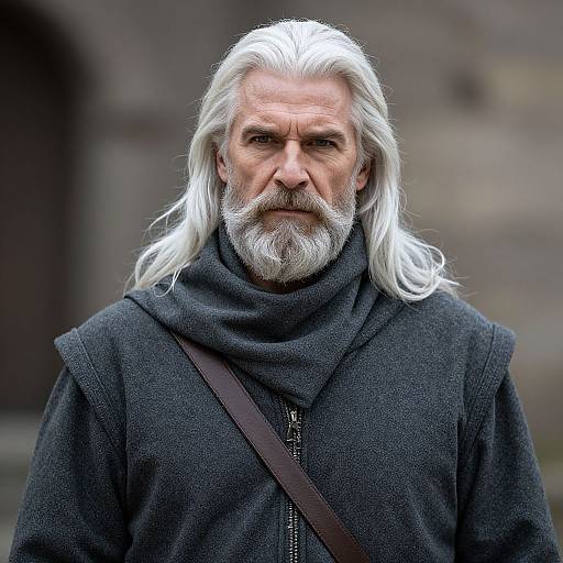 Photograph of a stern-faced, elderly man with long white hair and beard, wearing a dark gray cloak and brown strap, against a blurred stone background