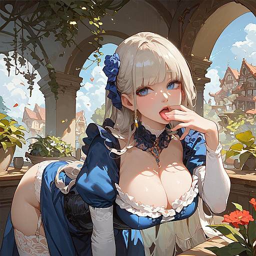 Dignified Platinum Blonde in Blue Corset