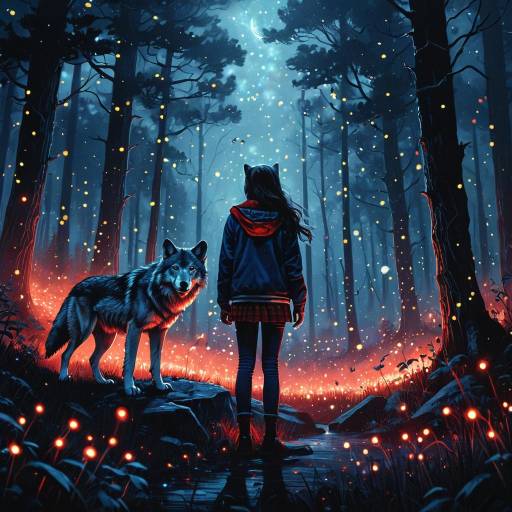 Wolf-Girl Fusion in Mystical Forest at Night