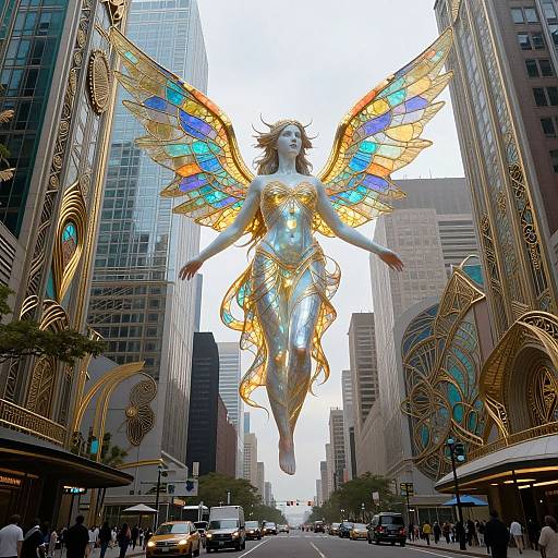 Photograph of a massive, golden angel statue with colorful, stained-glass wings, floating above a busy city street with tall buildings.