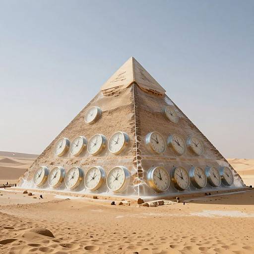 Photograph of a pyramid-shaped structure in a desert, covered with large, circular clocks displaying different times, under clear blue sky.