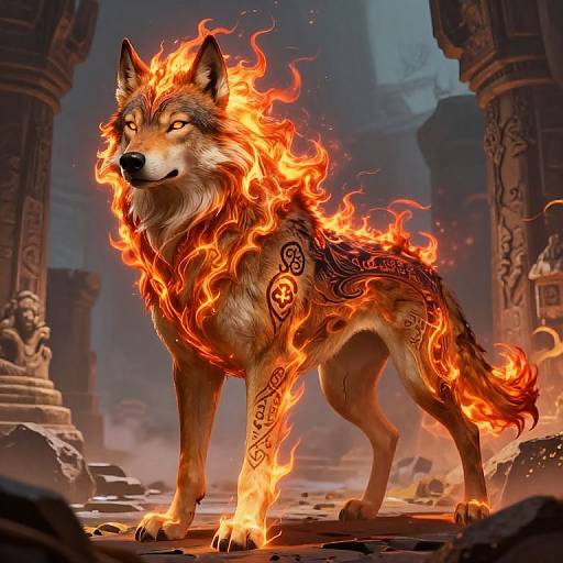 Mythical Wolf-Dog with Fiery Mane
