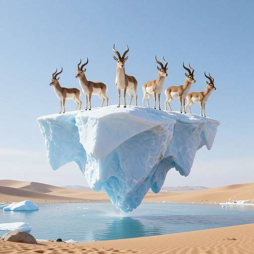 Photograph of six antelopes with large antlers standing on a floating iceberg in a bright blue sky over a desert with sandy dunes and scattered