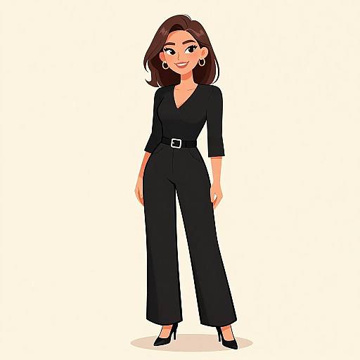 Digital illustration of a smiling woman with brown hair, wearing a black V-neck jumpsuit, belted waist, black high heels, and large hoop earrings