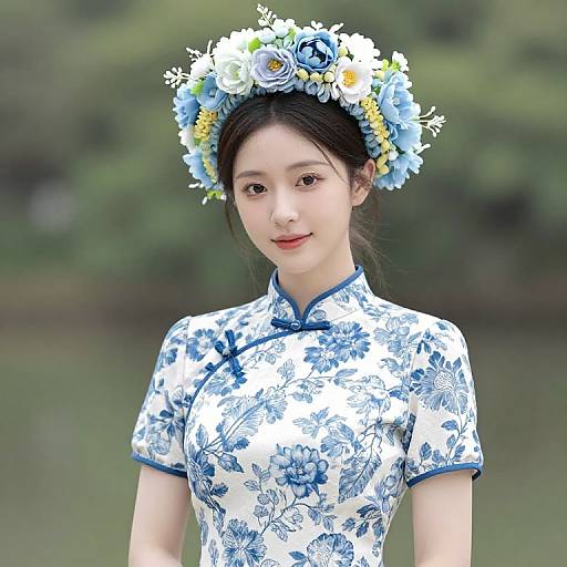 Woman in Blue Floral Dress