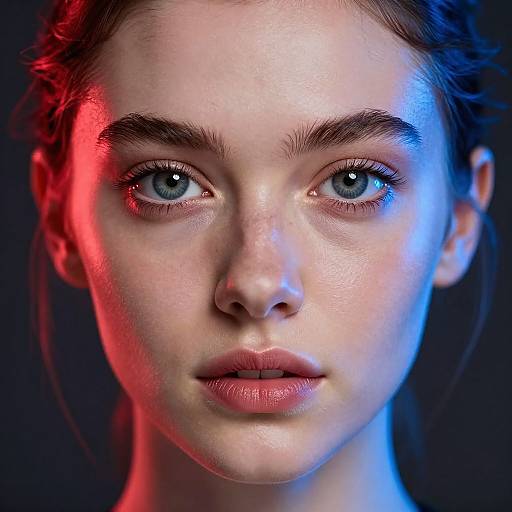 Photorealistic close-up of a young woman with blue eyes, fair skin, and full lips, illuminated by red and blue lighting against a dark background