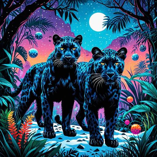 Psychedelic Black Panther and Snow Leopard in Dreamlike Jungle