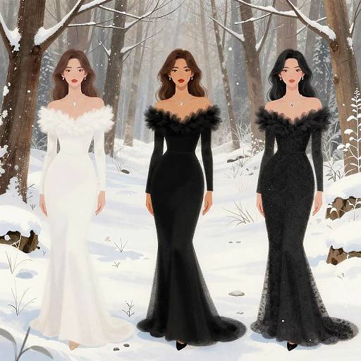 Digital artwork of three women in black and white winter forest, wearing elegant, off-shoulder, long-sleeve dresses with feathered necklines