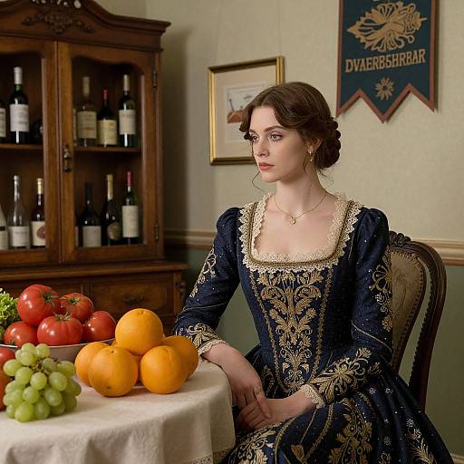Photograph of a fair-skinned woman with brown hair in an ornate, navy blue, gold-embroidered Victorian dress, seated by a