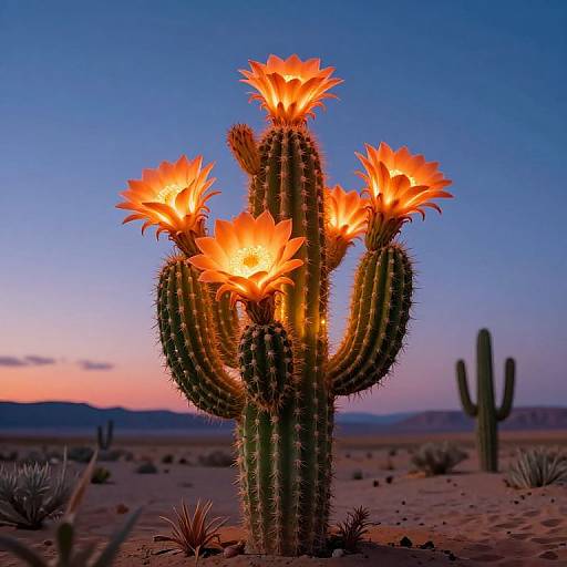 Photograph of a glowing, fiery-orange cactus with multiple blooming flowers in a desert landscape at twilight, with a blue-purple sky and distant c