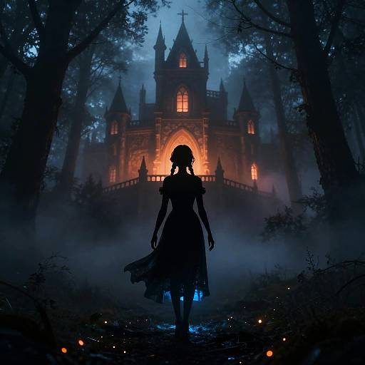 Eerie Silhouetted Woman in Gothic Forest