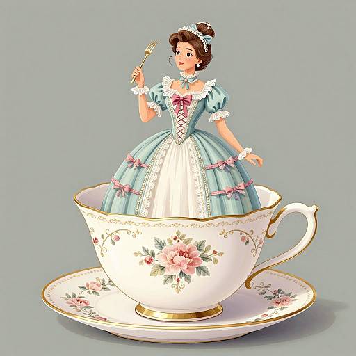 Digital illustration of a fairytale princess in a blue and white dress, with pink bows, standing in a large floral teacup. She holds