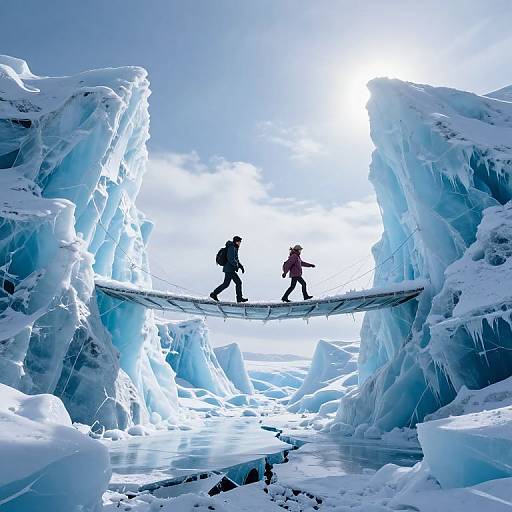 Photograph of two hikers on a narrow, icy bridge between towering, crystalline ice formations under a bright, sunlit sky.