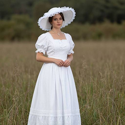 Photograph of a fair-skinned woman with dark hair, wearing a white lace dress and wide-brimmed hat, standing in a grassy field