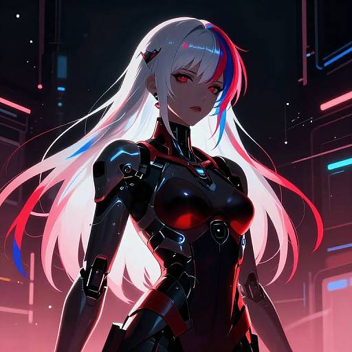 Digital anime-style artwork of a white-haired woman with red and blue highlights, wearing a black, glowing, form-fitting bodysuit, in a