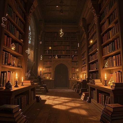 Photograph of a dimly lit, medieval-style library with warm candlelight, wooden shelves filled with books, and mysterious hanging symbols.