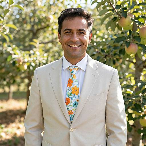 Photograph of smiling South Asian man with dark hair, wearing a white suit, white shirt, and colorful floral tie, standing in a sunlit apple