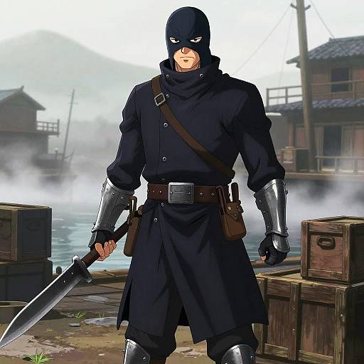 Digital anime-style drawing of a masked, muscular ninja in black attire, holding a large sword, standing in a misty, wooden dockyard.