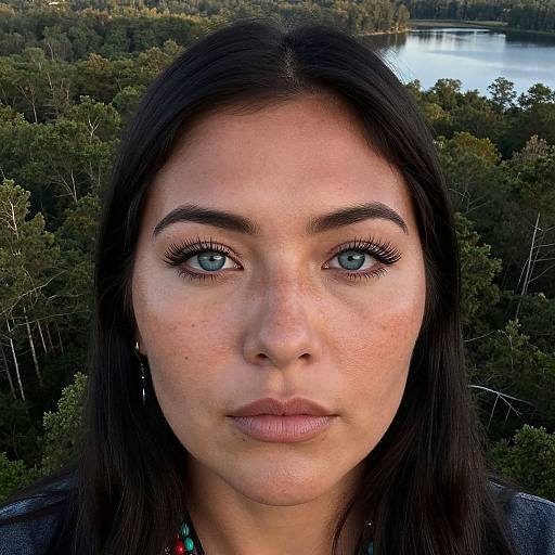 Close-up photograph of a young woman with fair skin, blue eyes, dark straight hair, and freckles, looking directly at the camera, set
