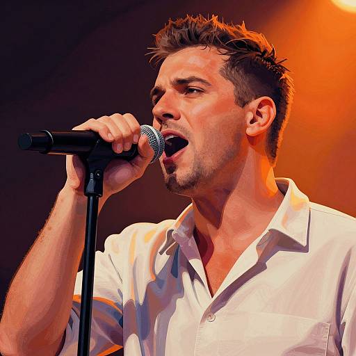 Photograph of a male singer with short dark hair, white collared shirt, holding a microphone, passionately singing into it with orange stage lighting in the