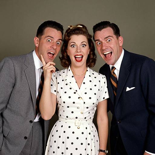 Photograph of three retro-styled individuals with exaggerated, surprised expressions; a woman in a white polka dot dress, two men in suits, all