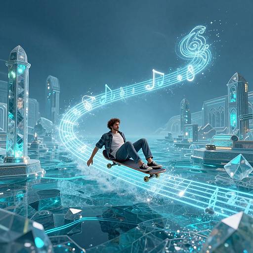 Digital artwork: A young man with curly hair, wearing a blue jacket and jeans, skates mid-air through a futuristic, neon cityscape with musical