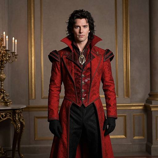 Photograph of a man with wavy black hair, wearing a detailed red and black Victorian-style coat, black gloves, and gold necklace, standing in