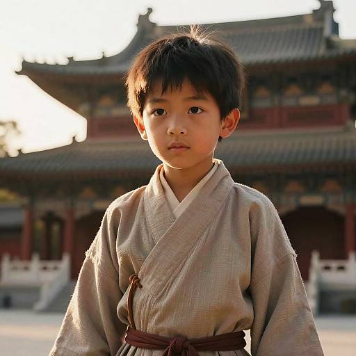 Photograph of an Asian boy with short black hair, wearing a beige kimono with a brown belt, standing in front of a traditional Japanese temple at