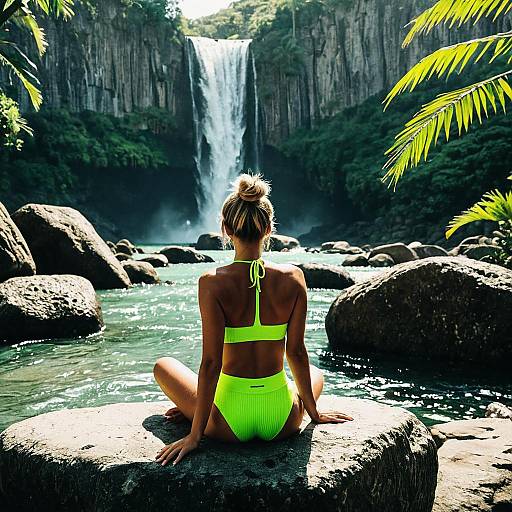 Woman Sitting by Waterfall in Neon Bikini