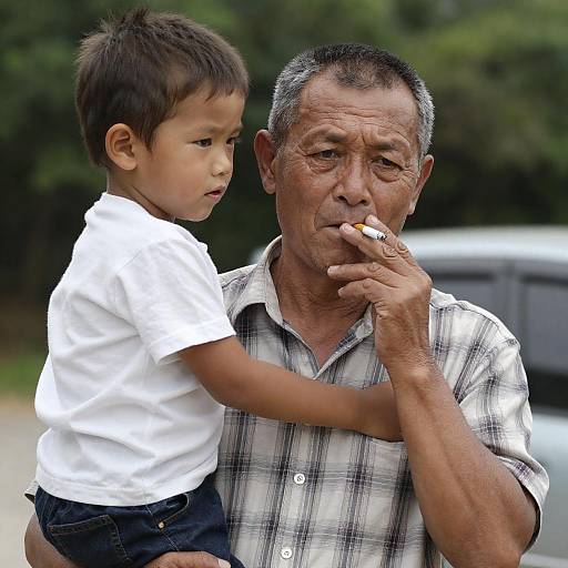 Concerned Man with Young Boy in Forest
