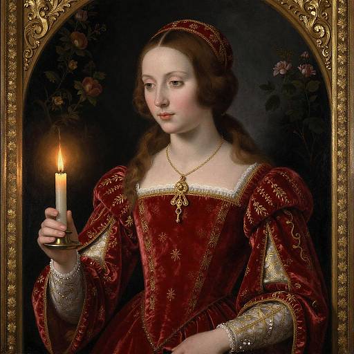 Baroque-style painting of a fair-skinned woman with brown hair, wearing a red velvet dress and gold necklace, holding a lit candle.