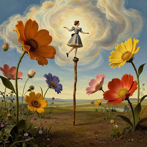 Digital artwork of a girl in a blue dress standing on a tall stick amidst vibrant, oversized flowers under a radiant, cloudy sky.