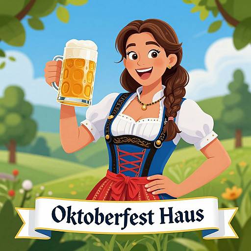 Digital illustration of a smiling brunette woman in traditional Oktoberfest attire, holding a frothy beer mug, set against a lush, sunny countryside backdrop with 