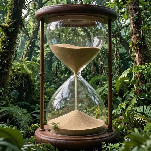 Photograph of an antique wooden hourglass with sand in both upper and lower chambers, set amidst a lush, green forest with ferns and moss-covered