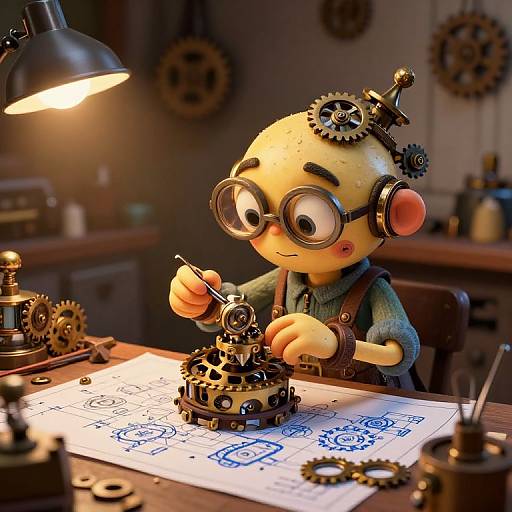 Steampunk-style CGI of a yellow-skinned, round-faced character with large glasses, gears on head, and blue overalls, assembling intricate clock