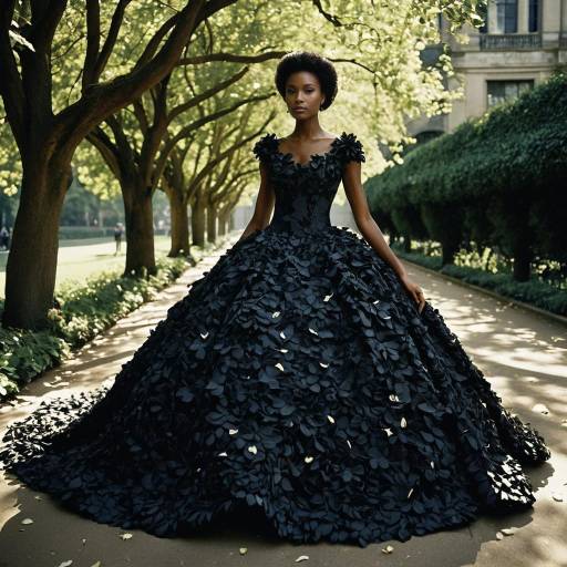 Black Ballroom Gown with Petal Design Outdoors