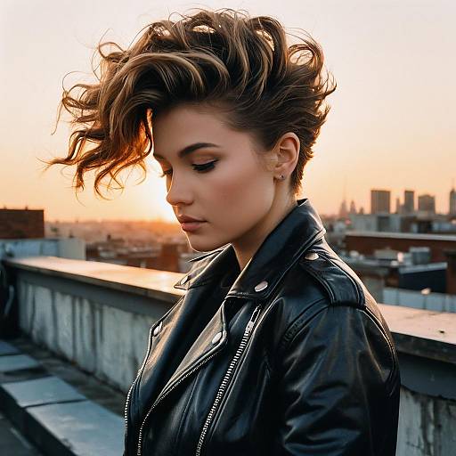 Woman with Wavy Quiff Hairstyle in Leather Jacket on Rooftop